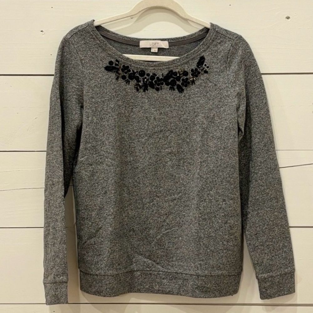 LOFT Gray Dressy Sweatshirt Top with Black Floral Jewel Embellishment NWOT